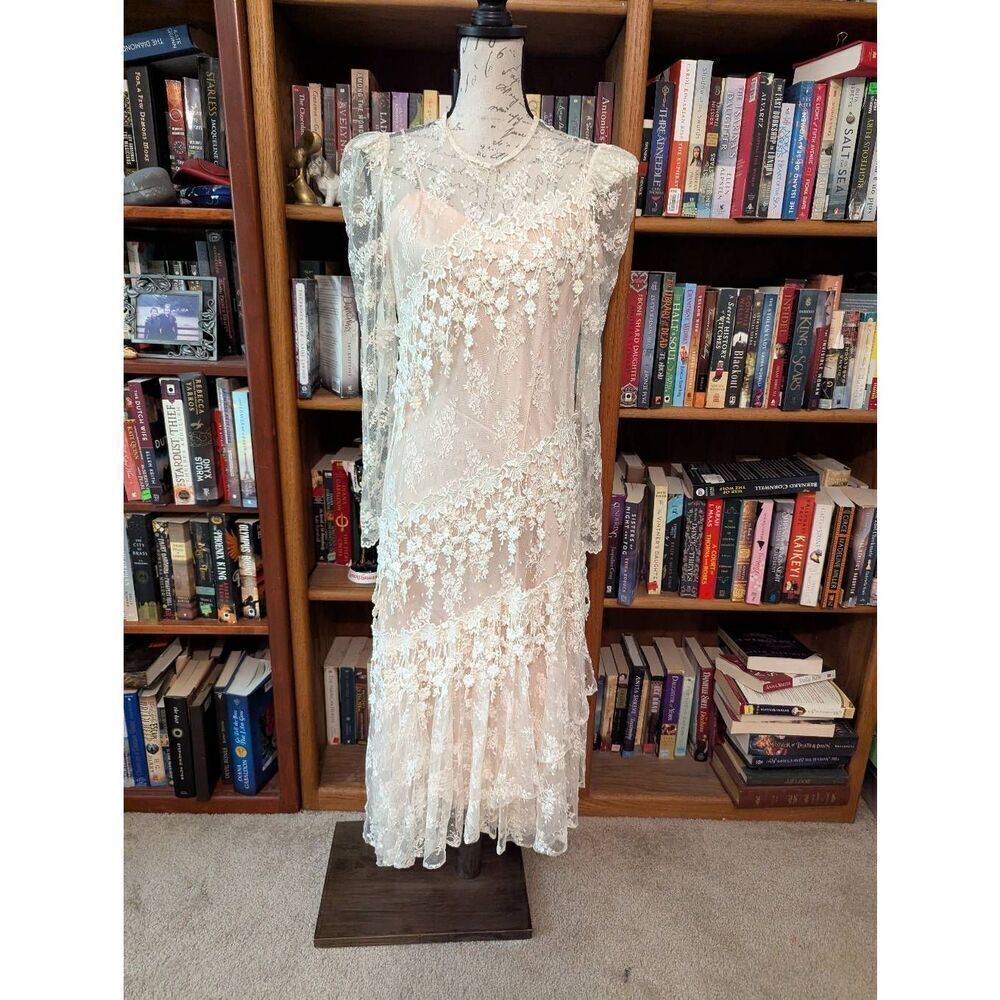 Vintage 80s does 20s Patra 14 Pink Midi Dress with White Lace Overlay
